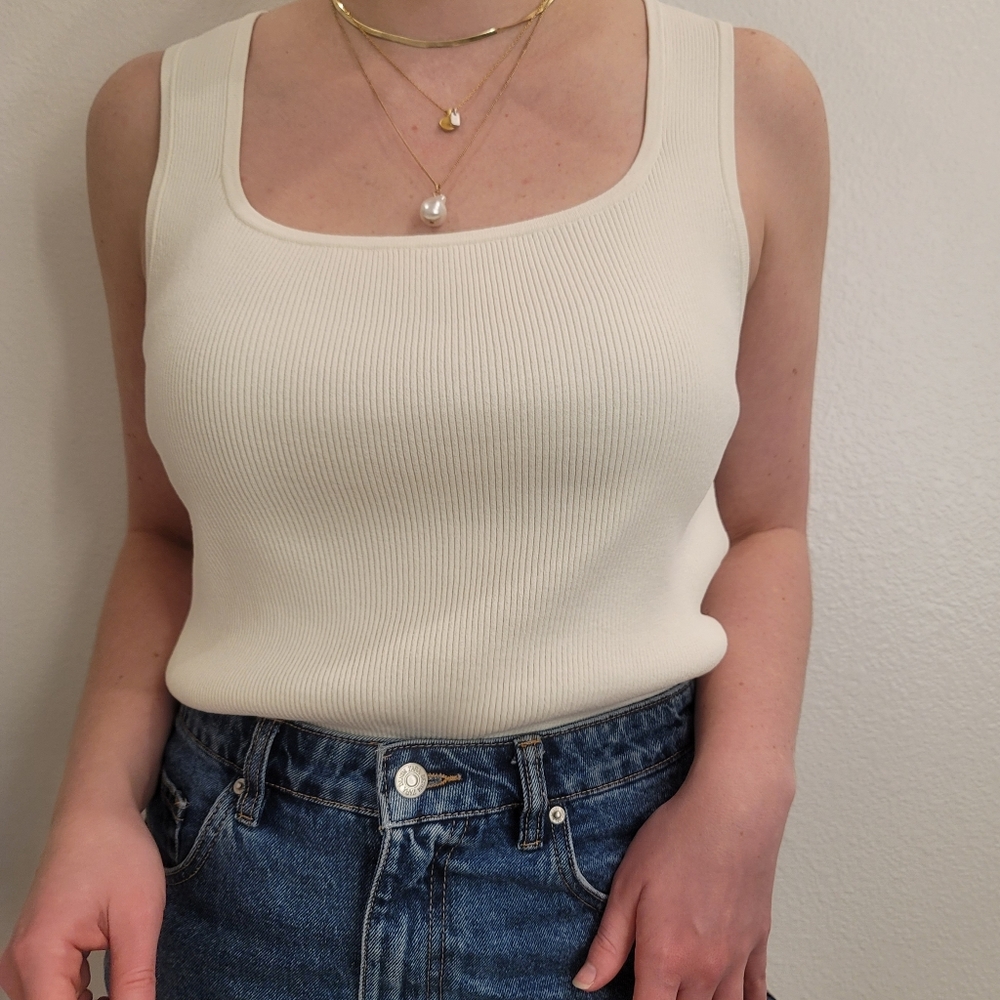 Ivory ribbed square neck tank top